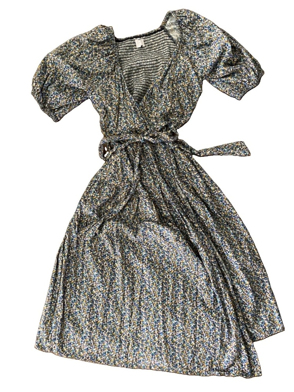 Old Navy Puff Sleeve Wrap Dress - blue, green, yellow floral size medium